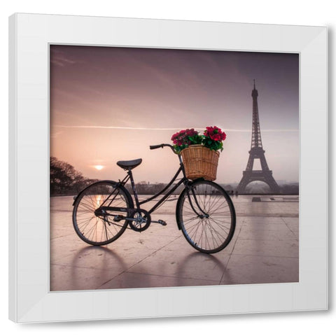 A bicycle with a basket of flowers with the Eiffel tower in the background White Modern Wood Framed Art Print by Frank, Assaf