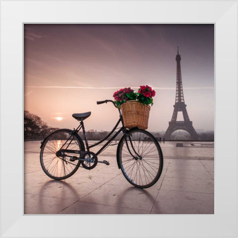 A bicycle with a basket of flowers with the Eiffel tower in the background White Modern Wood Framed Art Print by Frank, Assaf