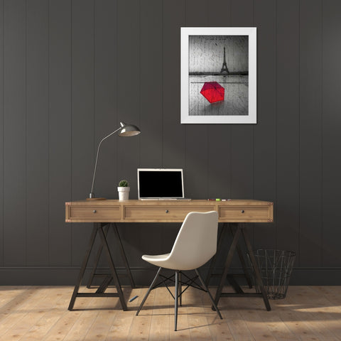 Red umbrella in front of the Eiffel tower with handwritting overlay White Modern Wood Framed Art Print by Frank, Assaf