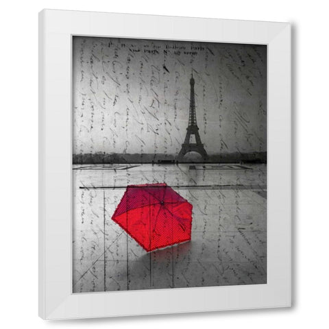 Red umbrella in front of the Eiffel tower with handwritting overlay White Modern Wood Framed Art Print by Frank, Assaf