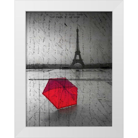 Red umbrella in front of the Eiffel tower with handwritting overlay White Modern Wood Framed Art Print by Frank, Assaf