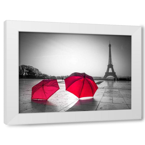 Two Umbrellas in front of the Eiffel tower, Paris, France White Modern Wood Framed Art Print by Frank, Assaf