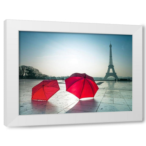 Umbrellas and Eiffel tower White Modern Wood Framed Art Print by Frank, Assaf