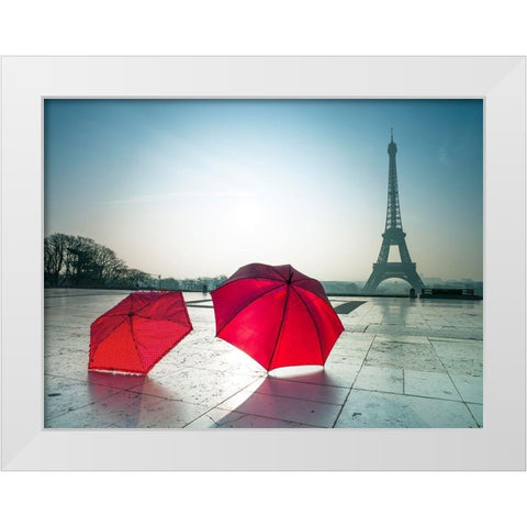 Umbrellas and Eiffel tower White Modern Wood Framed Art Print by Frank, Assaf