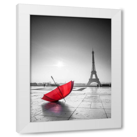 Umbrella in front of the Eiffel tower, Paris, France White Modern Wood Framed Art Print by Frank, Assaf