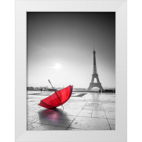 Umbrella in front of the Eiffel tower, Paris, France White Modern Wood Framed Art Print by Frank, Assaf