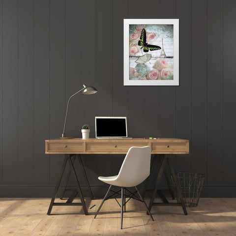 Eiffel tower with butterfly and roses overlay White Modern Wood Framed Art Print by Frank, Assaf