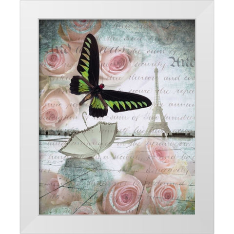 Eiffel tower with butterfly and roses overlay White Modern Wood Framed Art Print by Frank, Assaf