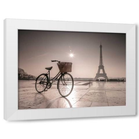 Bicycle in front of Eiffel tower, Paris, France White Modern Wood Framed Art Print by Frank, Assaf