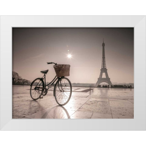 Bicycle in front of Eiffel tower, Paris, France White Modern Wood Framed Art Print by Frank, Assaf