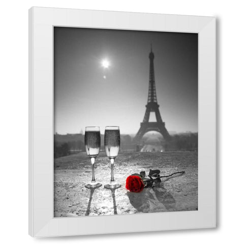 Champagne glasses with red rose next to the Eiffel tower White Modern Wood Framed Art Print by Frank, Assaf