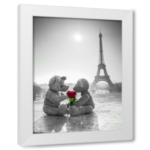 Two Teddy bears with a rose next to the Eiffel tower White Modern Wood Framed Art Print by Frank, Assaf