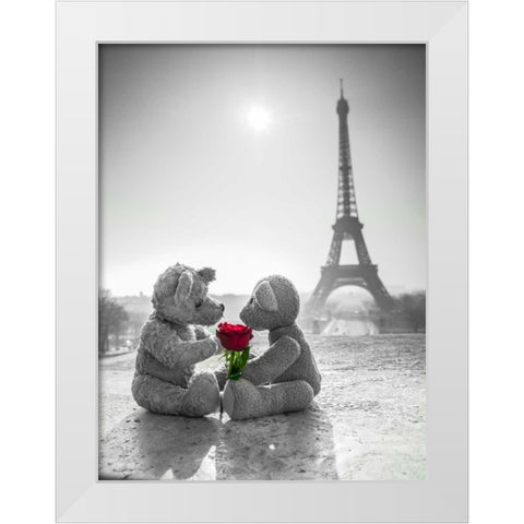 Two Teddy bears with a rose next to the Eiffel tower White Modern Wood Framed Art Print by Frank, Assaf