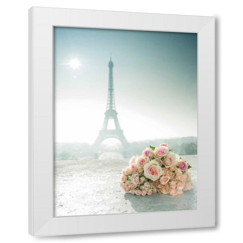 Bunch of roses next to the Eiffel tower White Modern Wood Framed Art Print by Frank, Assaf