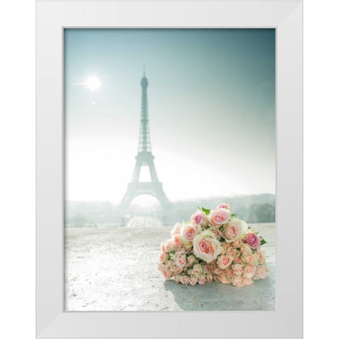 Bunch of roses next to the Eiffel tower White Modern Wood Framed Art Print by Frank, Assaf