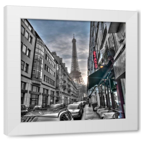 Eiffel tower from city street, Paris, France White Modern Wood Framed Art Print by Frank, Assaf