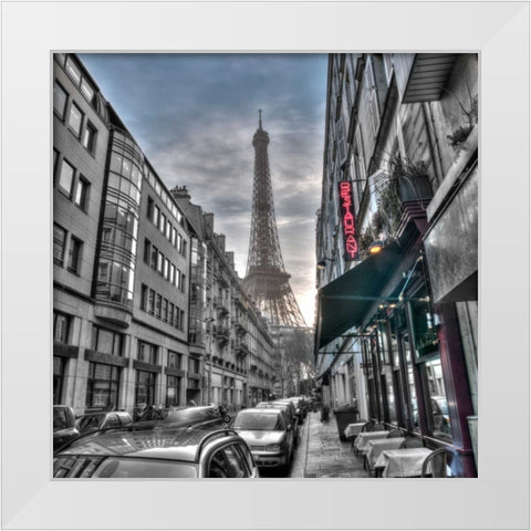 Eiffel tower from city street, Paris, France White Modern Wood Framed Art Print by Frank, Assaf