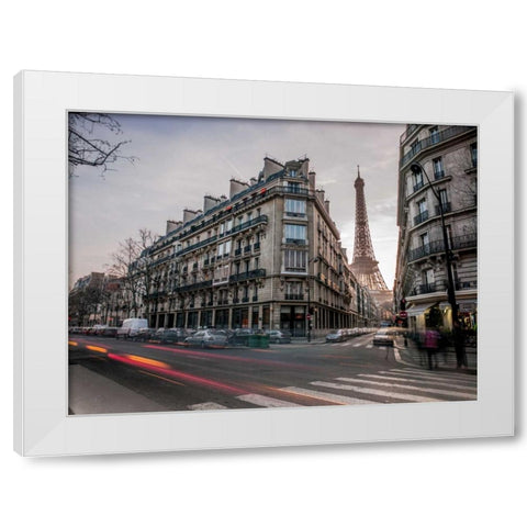 Eiffel tower from city street, Paris, France White Modern Wood Framed Art Print by Frank, Assaf