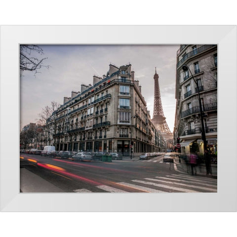 Eiffel tower from city street, Paris, France White Modern Wood Framed Art Print by Frank, Assaf