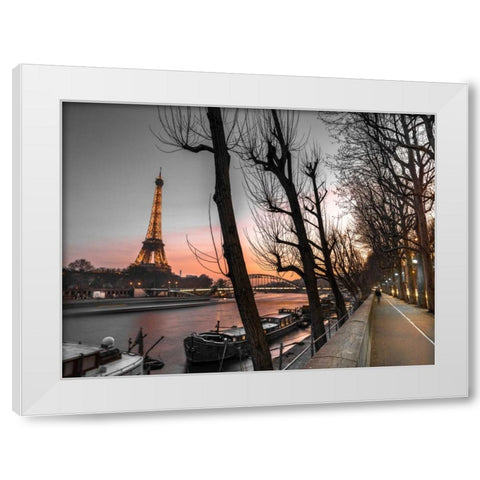 Row of trees, the river Seine and the Eiffel tower at dusk White Modern Wood Framed Art Print by Frank, Assaf