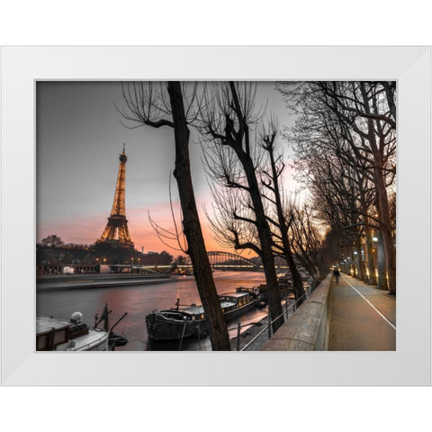 Row of trees, the river Seine and the Eiffel tower at dusk White Modern Wood Framed Art Print by Frank, Assaf