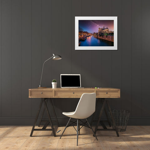 Notre-Dame de Paris at night, France White Modern Wood Framed Art Print by Frank, Assaf