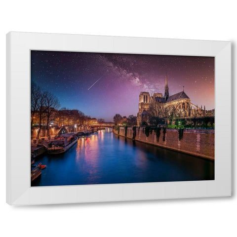 Notre-Dame de Paris at night, France White Modern Wood Framed Art Print by Frank, Assaf