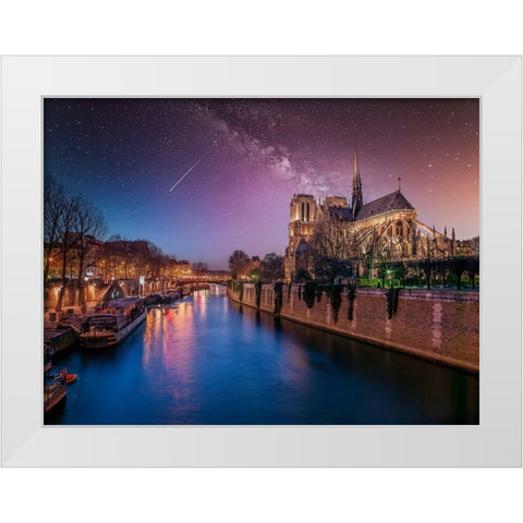 Notre-Dame de Paris at night, France White Modern Wood Framed Art Print by Frank, Assaf