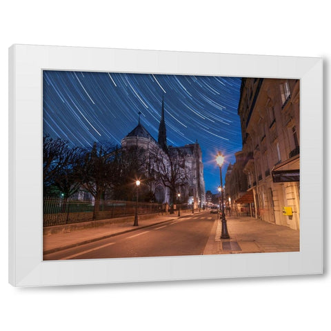Star Trails above Notre-Dame de Paris White Modern Wood Framed Art Print by Frank, Assaf