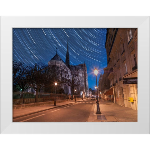 Star Trails above Notre-Dame de Paris White Modern Wood Framed Art Print by Frank, Assaf