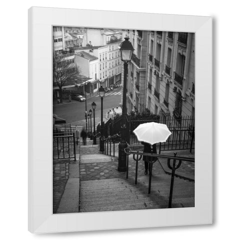 Woman with white umbrella standing on staircase in Montmartre, Paris, France White Modern Wood Framed Art Print by Frank, Assaf