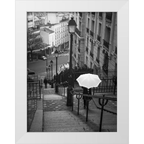 Woman with white umbrella standing on staircase in Montmartre, Paris, France White Modern Wood Framed Art Print by Frank, Assaf