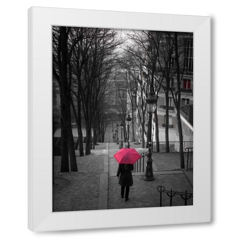 Woman with red umbrella standing on staircase in Montmartre, Paris, France White Modern Wood Framed Art Print by Frank, Assaf