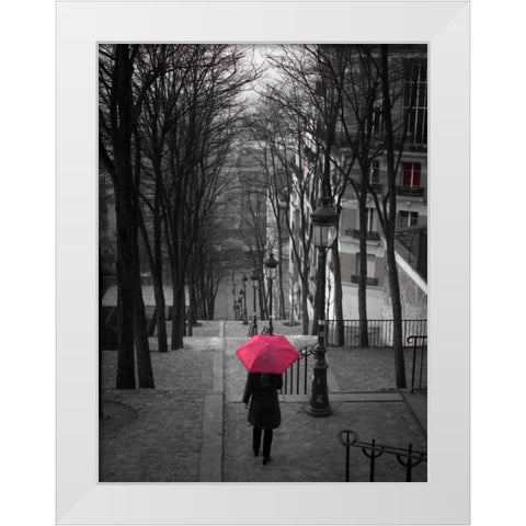 Woman with red umbrella standing on staircase in Montmartre, Paris, France White Modern Wood Framed Art Print by Frank, Assaf
