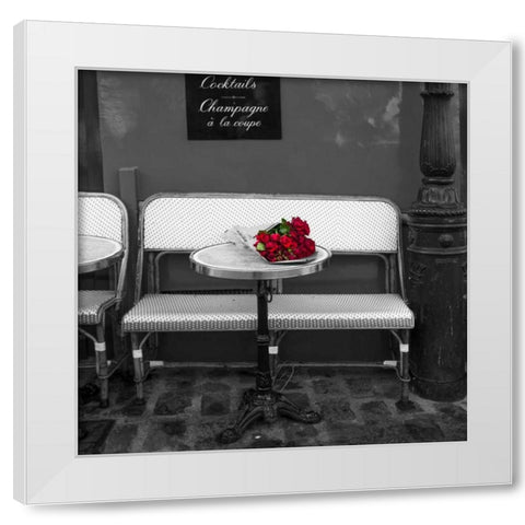 Bunch of flowers on sidewalk cafe table, Paris, France White Modern Wood Framed Art Print by Frank, Assaf