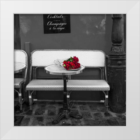 Bunch of flowers on sidewalk cafe table, Paris, France White Modern Wood Framed Art Print by Frank, Assaf
