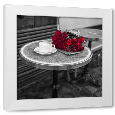 Bunch of flowers on sidewalk cafe table, Paris, France White Modern Wood Framed Art Print by Frank, Assaf