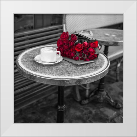 Bunch of flowers on sidewalk cafe table, Paris, France White Modern Wood Framed Art Print by Frank, Assaf