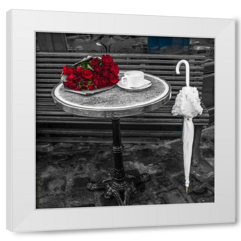 Bunch of flowers on sidewalk cafe table, Paris, France White Modern Wood Framed Art Print by Frank, Assaf