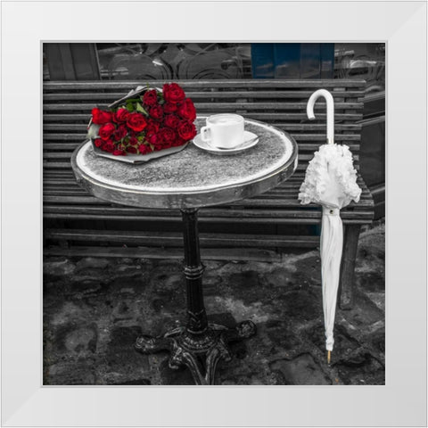 Bunch of flowers on sidewalk cafe table, Paris, France White Modern Wood Framed Art Print by Frank, Assaf
