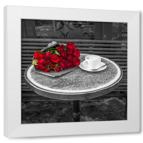 Bunch of flowers on sidewalk cafe table, Paris, France White Modern Wood Framed Art Print by Frank, Assaf