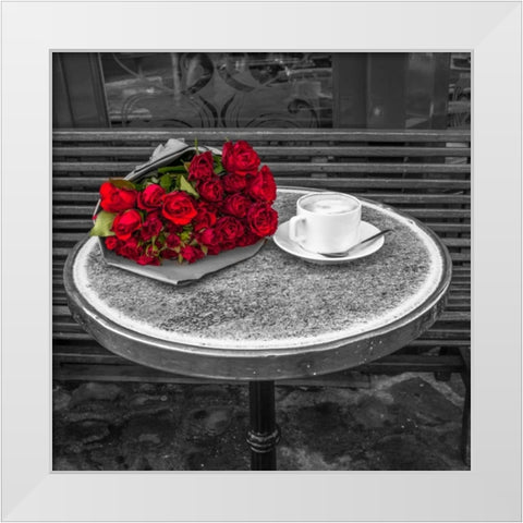 Bunch of flowers on sidewalk cafe table, Paris, France White Modern Wood Framed Art Print by Frank, Assaf