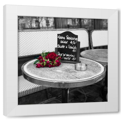 Bunch of flowers on sidewalk cafe table, Paris, France White Modern Wood Framed Art Print by Frank, Assaf