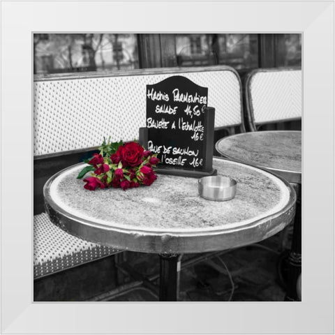 Bunch of flowers on sidewalk cafe table, Paris, France White Modern Wood Framed Art Print by Frank, Assaf