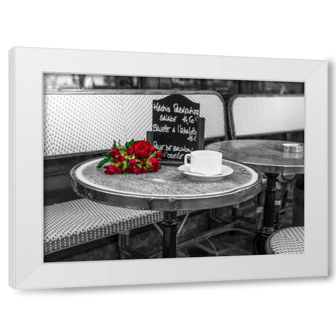 Bunch of flowers on sidewalk cafe table, Paris, France White Modern Wood Framed Art Print by Frank, Assaf