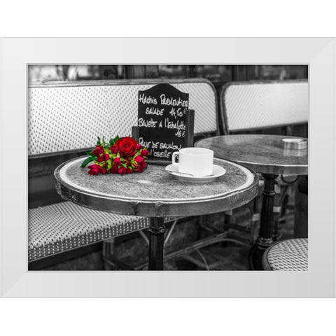 Bunch of flowers on sidewalk cafe table, Paris, France White Modern Wood Framed Art Print by Frank, Assaf