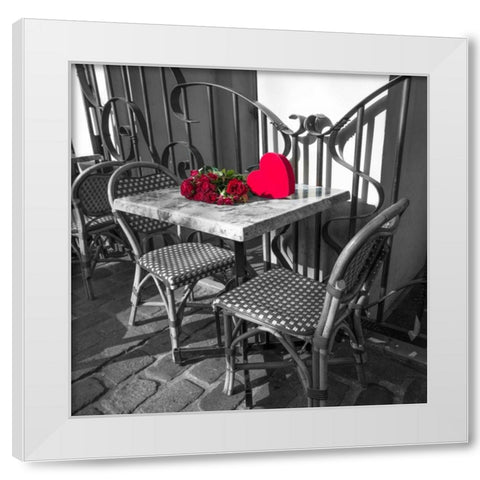 Bunch of roses on a table with heart shapped gift box White Modern Wood Framed Art Print by Frank, Assaf