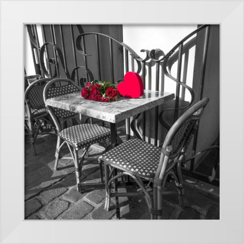 Bunch of roses on a table with heart shapped gift box White Modern Wood Framed Art Print by Frank, Assaf