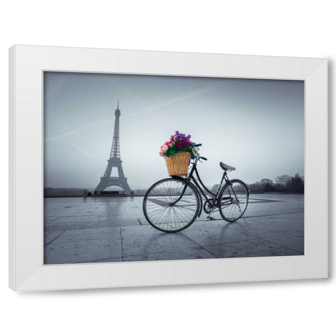 Bicycle with a basket of flowers next to the Eiffel tower, Paris, France White Modern Wood Framed Art Print by Frank, Assaf