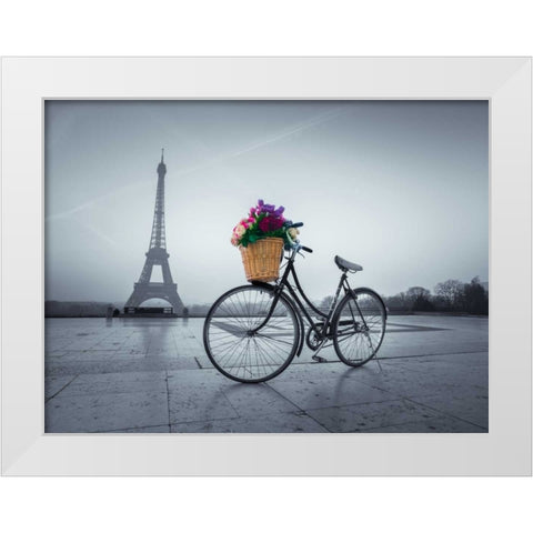 Bicycle with a basket of flowers next to the Eiffel tower, Paris, France White Modern Wood Framed Art Print by Frank, Assaf